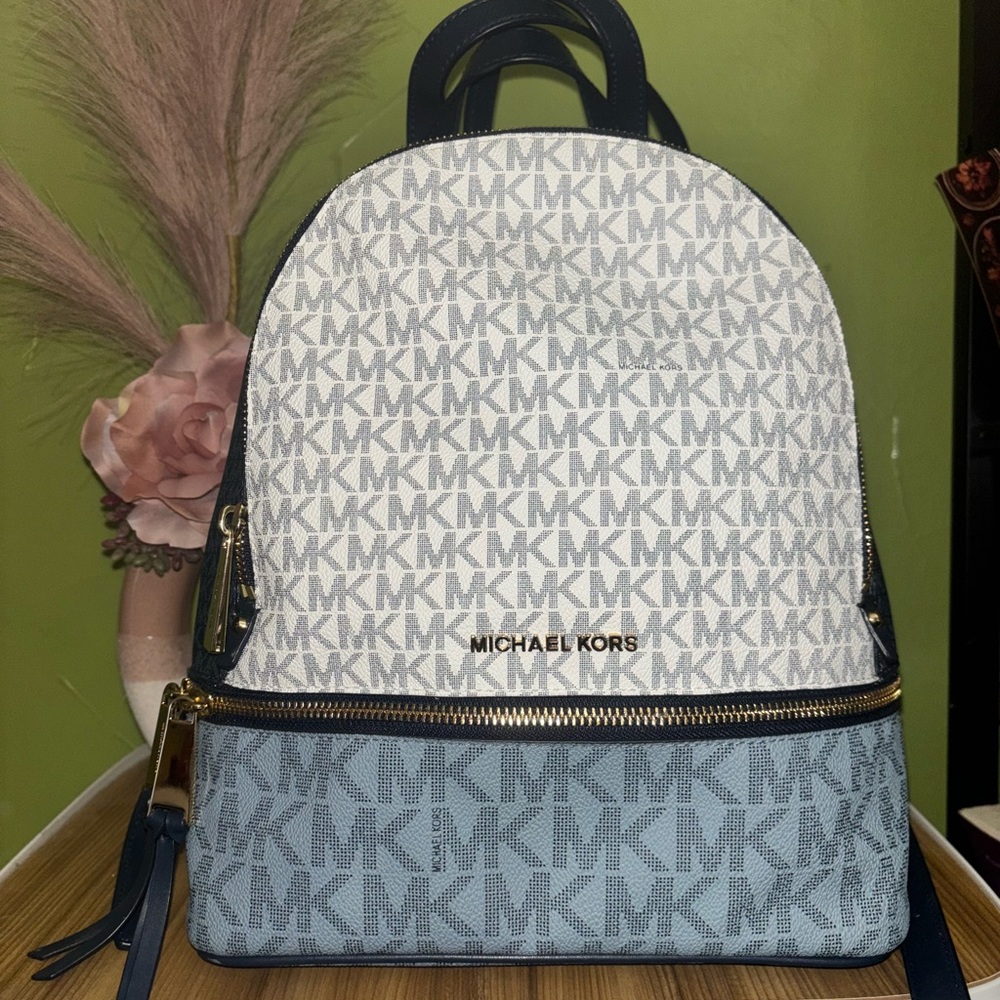 Michael Kors Monogram White and Blue Backpack